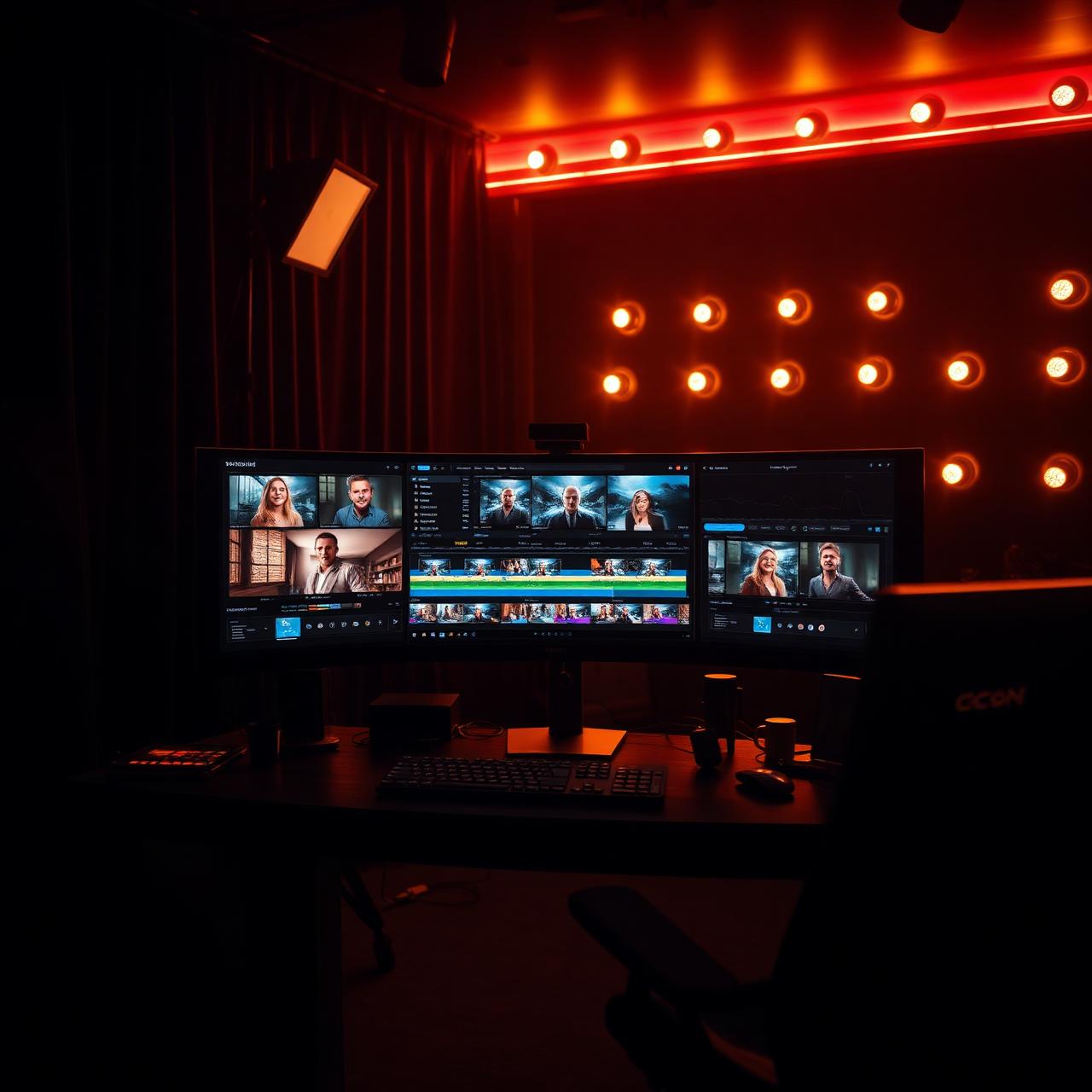 Reframe Media editing studio with cinematic gold lighting